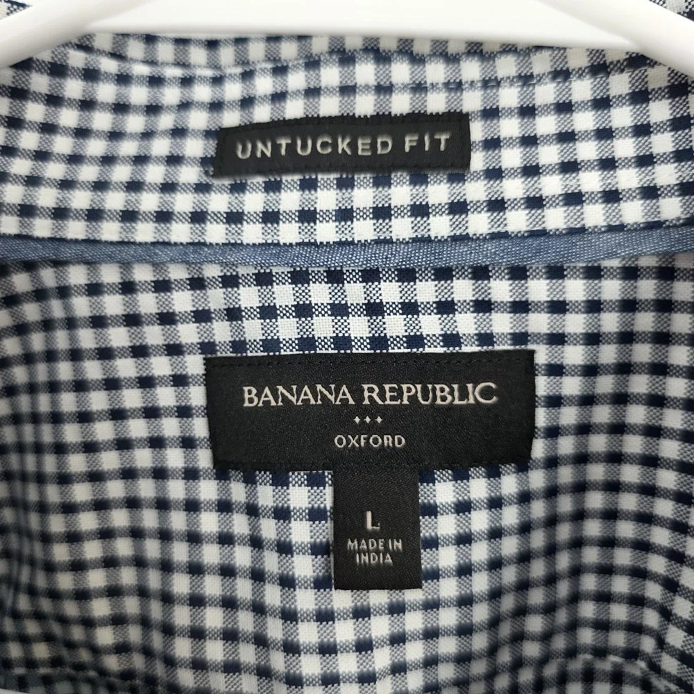 Banana Republic‎ Navy White Gingham Oxford Untucked Fit Button Up Shirt Sz Large